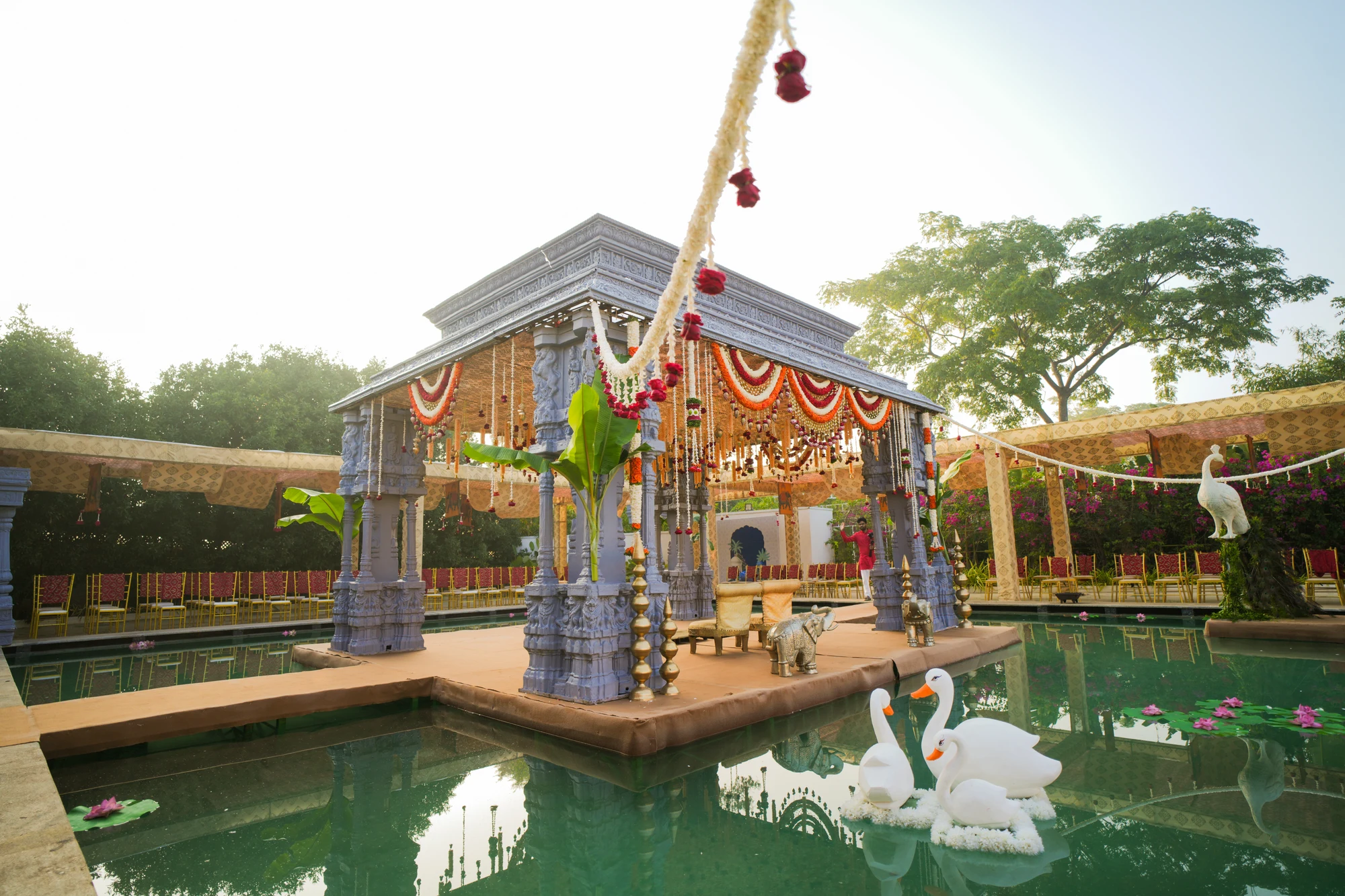 The floating mandap, decorated, at Bougainvil'La